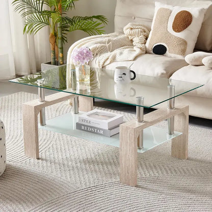 Contemporary Rectangle Coffee Table  Glass-Topped Living Room Side Table with Wooden Legs, Ideal for Waiting Areas