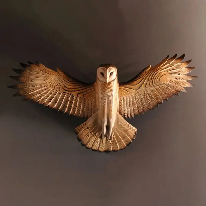 TimberHaven Wooden Owl Wall Art  ‘Majestic’ Carved Bird Decor in Natural Wood Finish