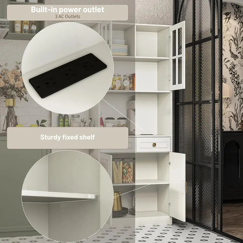 71″ Tall Kitchen Hutch Cabinet  Glass-Front Pantry Storage Unit with Open Shelving & Display Space