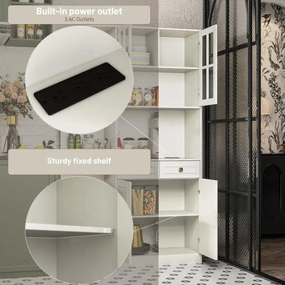 71″ Tall Kitchen Hutch Cabinet  Glass-Front Pantry Storage Unit with Open Shelving & Display Space