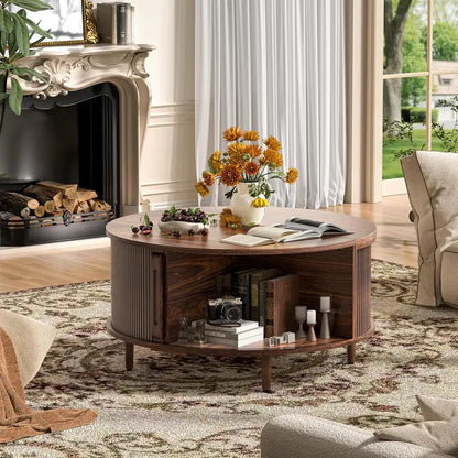 Lift-Top Walnut Coffee Table  31.5″ Fluted Mid-Century Modern Design with Sliding Door & Adjustable Feet