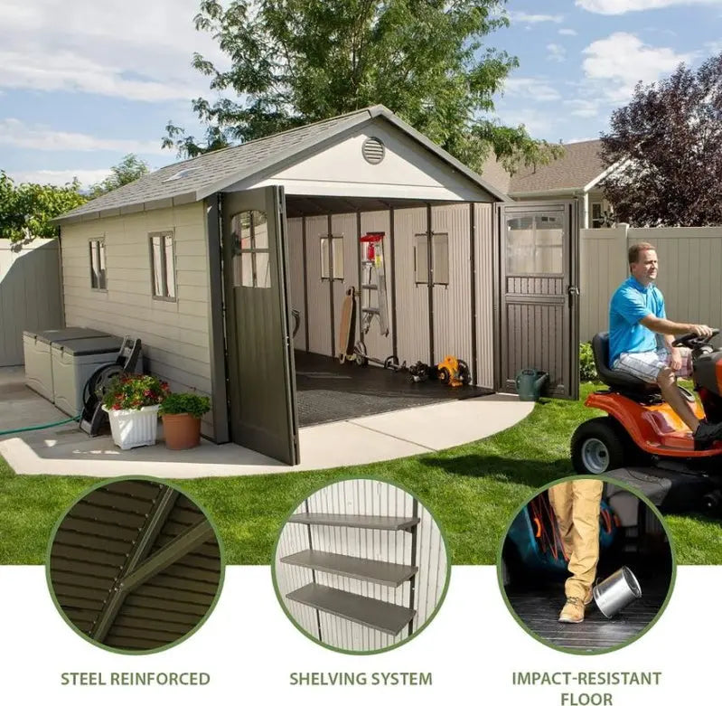 Lifespan 11′ x 18.5′ Outdoor Storage Shed  Desert Sand Resin Design