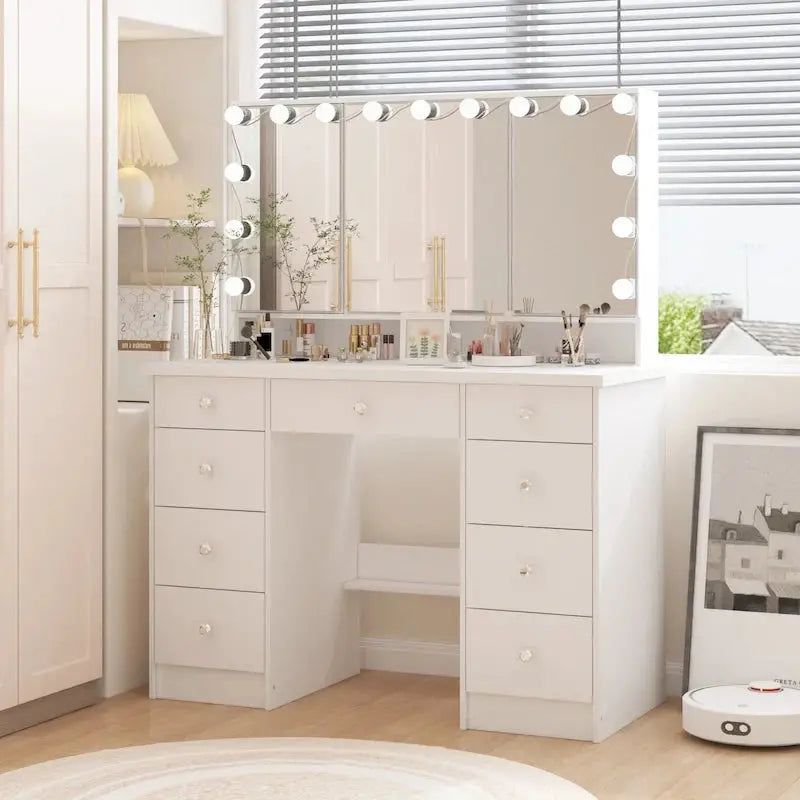Elegant LED-Lit Makeup Vanity Station  Nine-Drawer Luxury Beauty Organizer