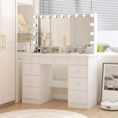 Elegant LED-Lit Makeup Vanity Station  Nine-Drawer Luxury Beauty Organizer