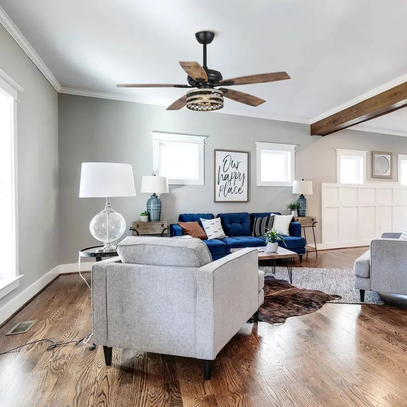 52-Inch Farmhouse Ceiling Fan  Driftwood Finish with Remote-Controlled Caged Design