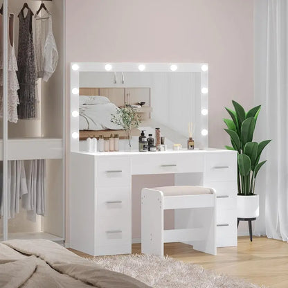 Lighted Vanity Desk Set  Adjustable Brightness Makeup Table with 3-Color LED Mirror & Matching Stool