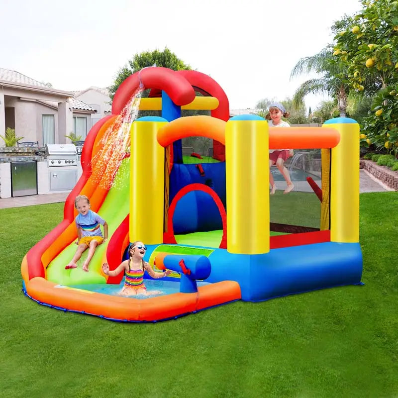 6-in-1 Inflatable Water Play Center  Bounce House with Slide, Trampoline Deck & 740W High-Flow Air Blower