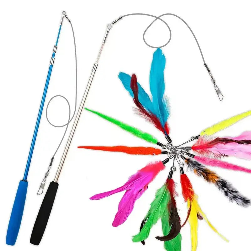 Funny Feather Cat Toy with Bell Refills, Retractable Wand, Eco-Friendly Materials, Includes 5 Feather Refills, for Active Kittens