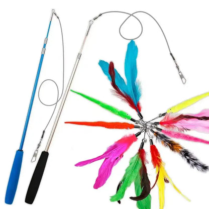 Funny Feather Cat Toy with Bell Refills, Retractable Wand, Eco-Friendly Materials, Includes 5 Feather Refills, for Active Kittens