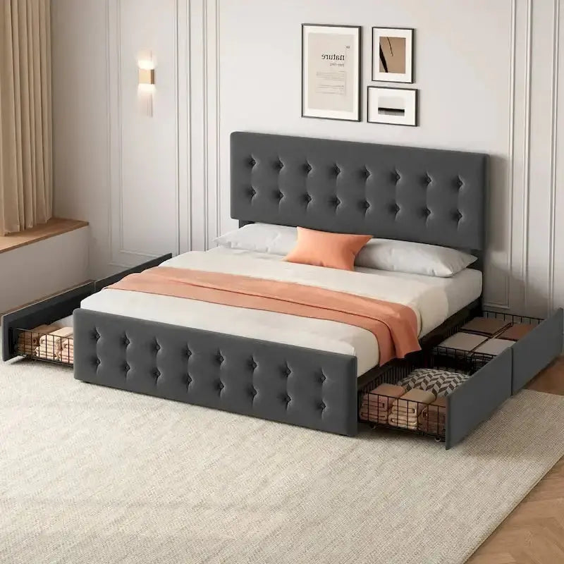 King Platform Bed Frame with Four Under-Bed Storage Drawers & Upholstered Headboard