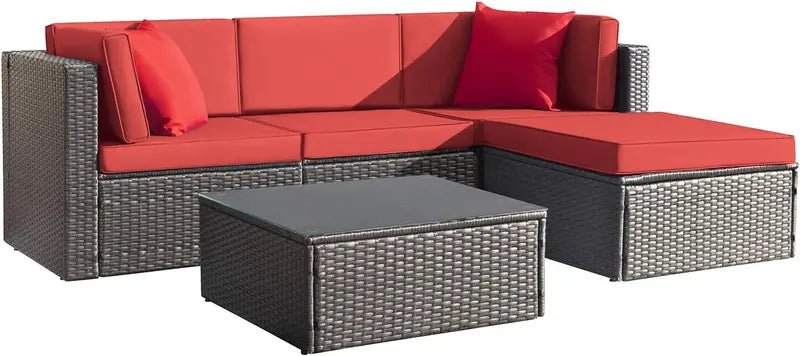 Devoko 5-Piece All-Weather Patio Sectional Set — Beige Wicker Rattan Sofa with Cushions and Tempered Glass Table