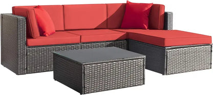 Devoko 5-Piece All-Weather Patio Sectional Set — Beige Wicker Rattan Sofa with Cushions and Tempered Glass Table
