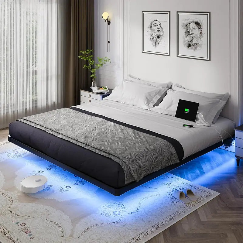OLEVS Floating Queen Platform Bed — Smart LED Lighting, Sleek Metal Frame & Minimalist Style