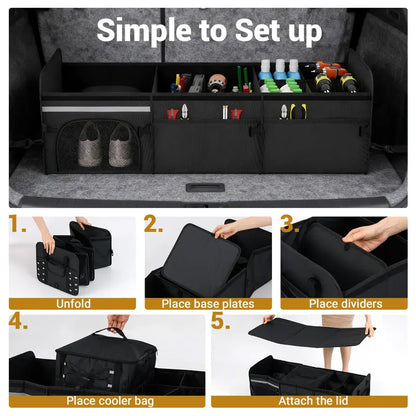 Collapsible Trunk Organizer  Multi-Compartment Vehicle Storage Bin with Detachable Lid