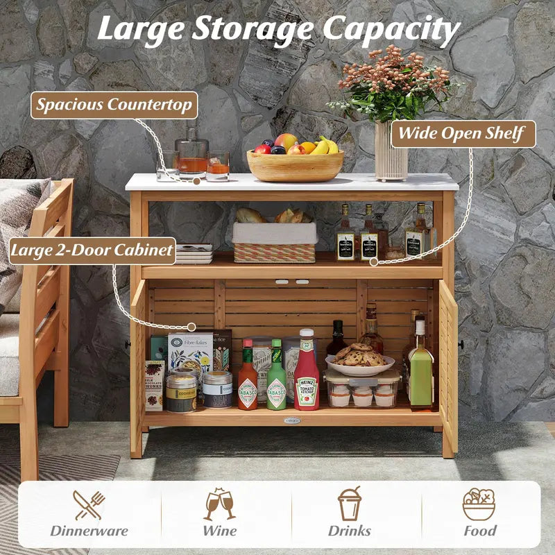 Garden Potting Bench with Storage  Two-Door Acacia Cabinet & Faux Marble Work Surface
