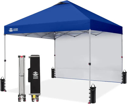 CROWN SHADES 10′ x 10′ Pop-Up Canopy with Single Sidewall: Portable Event Shelter for Parties, Campgrounds, and Outdoor Markets — Includes STO-N-Go Carry Bag