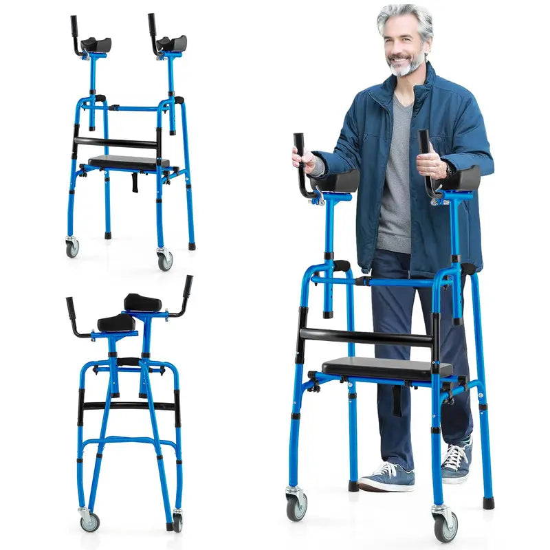Heavy-Duty Folding Walker  450 lb Capacity, 5-Inch Wheels, Padded Seat & Removable Armrests