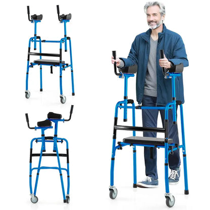Heavy-Duty Folding Walker  450 lb Capacity, 5-Inch Wheels, Padded Seat & Removable Armrests