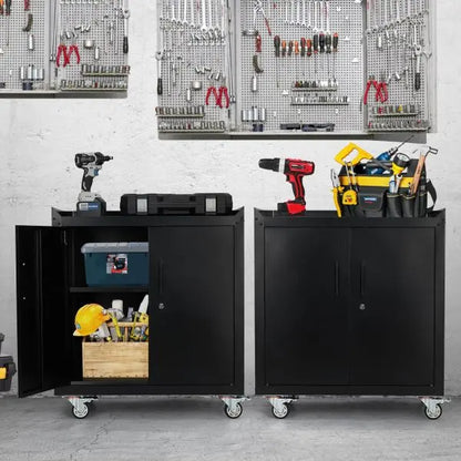 Rolling Metal Garage Storage Cabinet  2-Door Lockable Tool Chest with Adjustable Shelves (34″H x 30.3″L x 18″W)