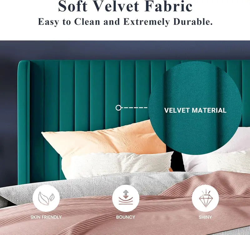 Allewie Full Size Velvet Wingback Bed  Channel-Tufted Upholstered Frame with Vertical Headboard
