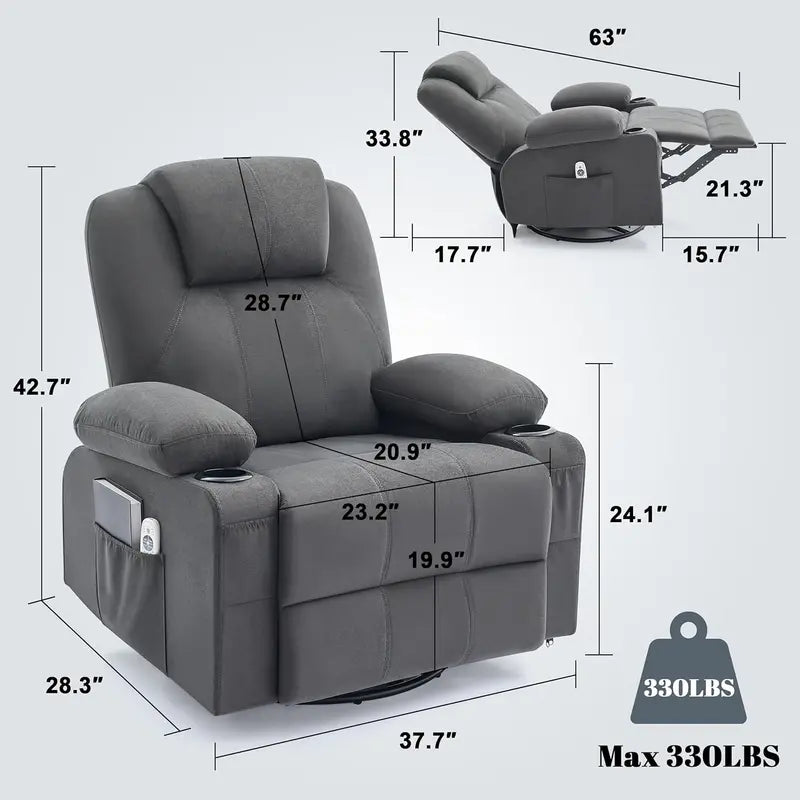 Large Swivel Rocking Recliner Sofa  Single-Seat Heated & Massaging Lounge Chair