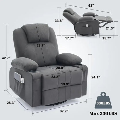 Large Swivel Rocking Recliner Sofa  Single-Seat Heated & Massaging Lounge Chair