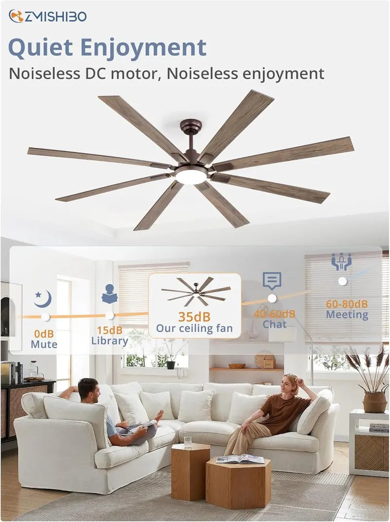 ZMISHIBO 72-Inch Dual-Finish Ceiling Fan with Integrated Light & Remote | Indoor/Outdoor Quiet DC Motor, 6-Speed Reversible, 3-CCT Adjustable Lighting, 8-Blade Modern Design