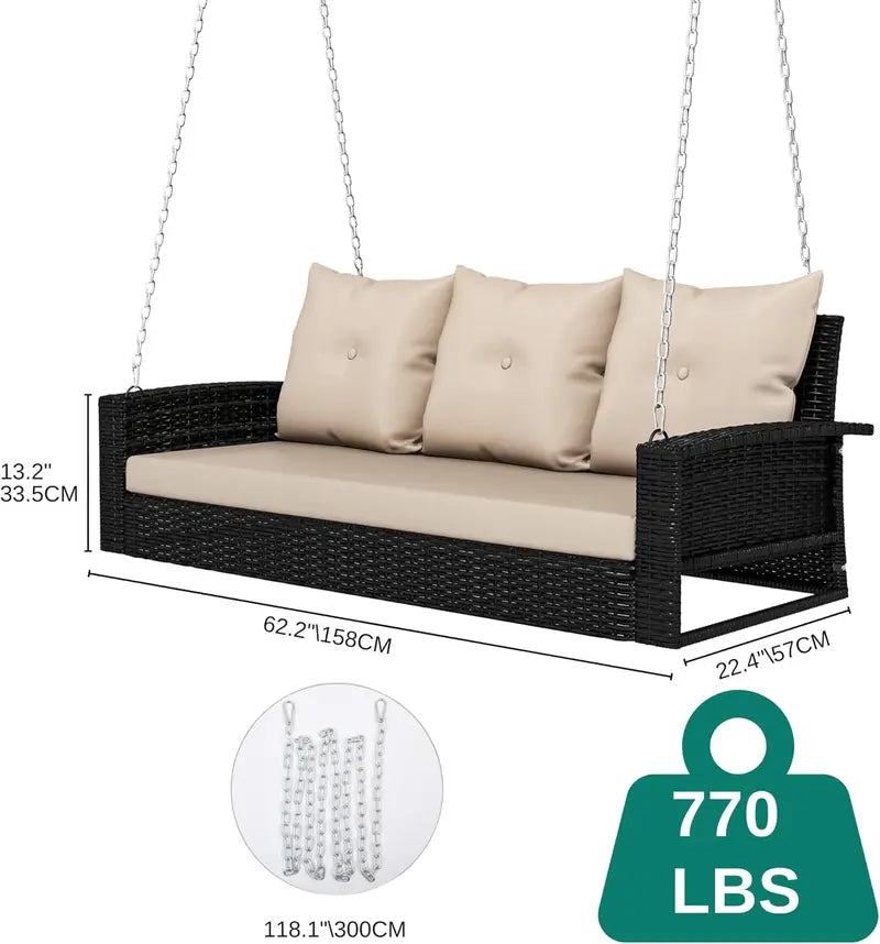 YITAHOME 3-Person Hanging Porch Swing  Wicker Outdoor Bench with Removable Cushions, Ideal for Patios, Balconies & Gardens (Brown)