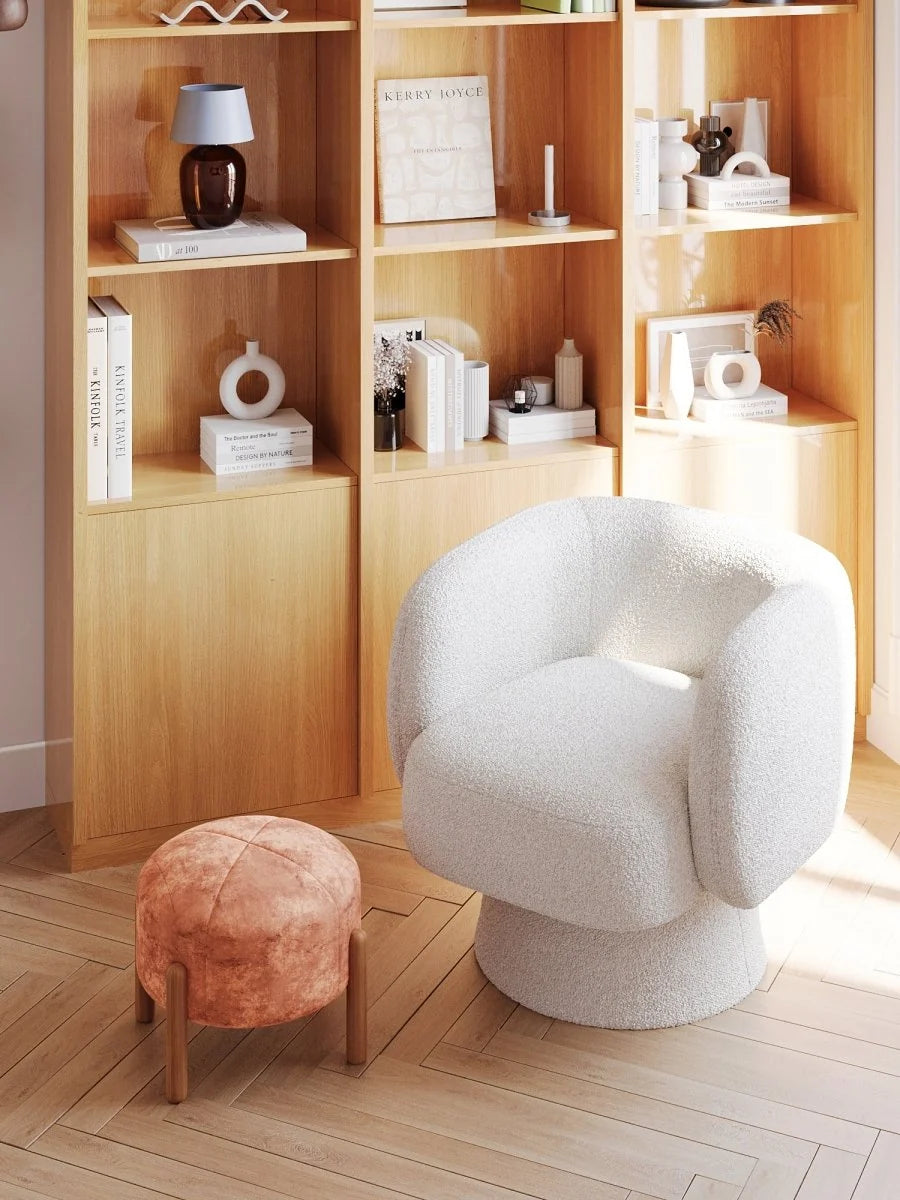 Pouf rond en velours ocre & bois