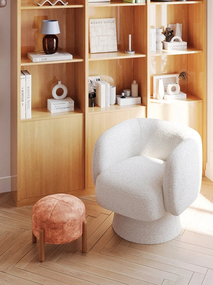Pouf rond en velours ocre & bois
