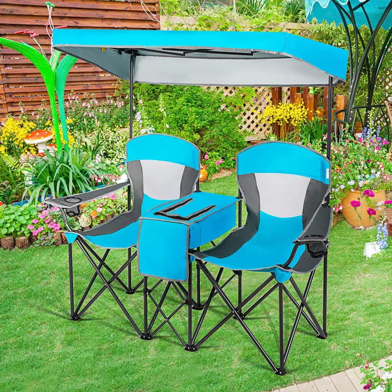 Dual-Person Camping Chair with Integrated Shade Canopy