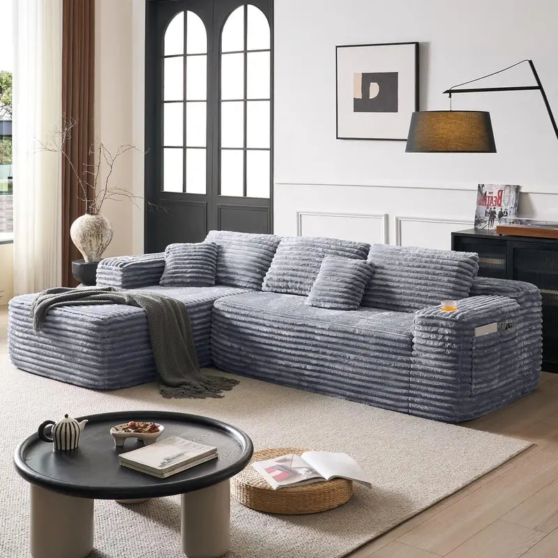L-Shaped Cloud Sectional Sofa: Reclining Modular Design with Built-In Cup Holders & Plush Seating