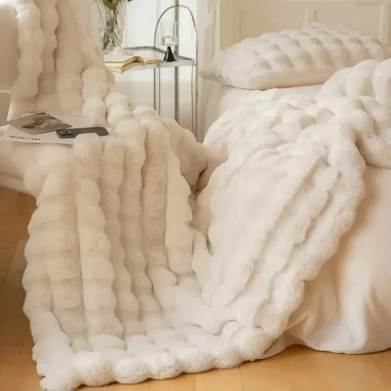 Reversible Textured Throw Blanket  Dual-Sided Bubble-Knit Design