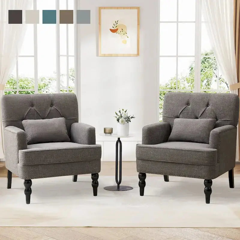 Set of 2 Button-Tufted Accent Chairs  Upholstered Armchairs with Lumbar Support Pillows in Beige, Grey, or Light Blue
