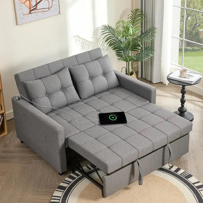 52″ 3-in-1 Convertible Sleeper Sofa  Pull-Out Bed Loveseat with Adjustable Backrest, Side Pockets & Linen Fabric, Ideal for Apartments & Small Living Rooms