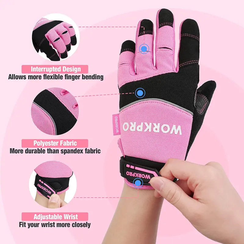 WORKPRO Touchscreen Safety Work Gloves  Terry-Lined, Non-Slip Pink Gloves (M/L)