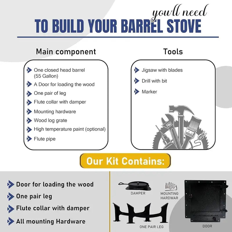 Barrel Stove Kit C  DIY Wood-Burning Heater for 3055-Gallon Drums  Emergency Cooking & Heating Solution