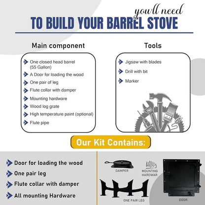 Barrel Stove Kit C  DIY Wood-Burning Heater for 3055-Gallon Drums  Emergency Cooking & Heating Solution