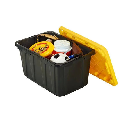 HDX 27-Gallon Stackable Storage Tote  Black Body with Yellow Lid, Waterproof, Durable, Sold in 5-Pack