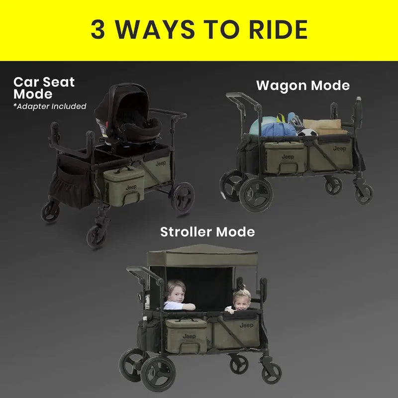 Delta Children Jeep Deluxe Wrangler 3-in-1 Stroller Wagon  Black/Green with Cooler & Organizer