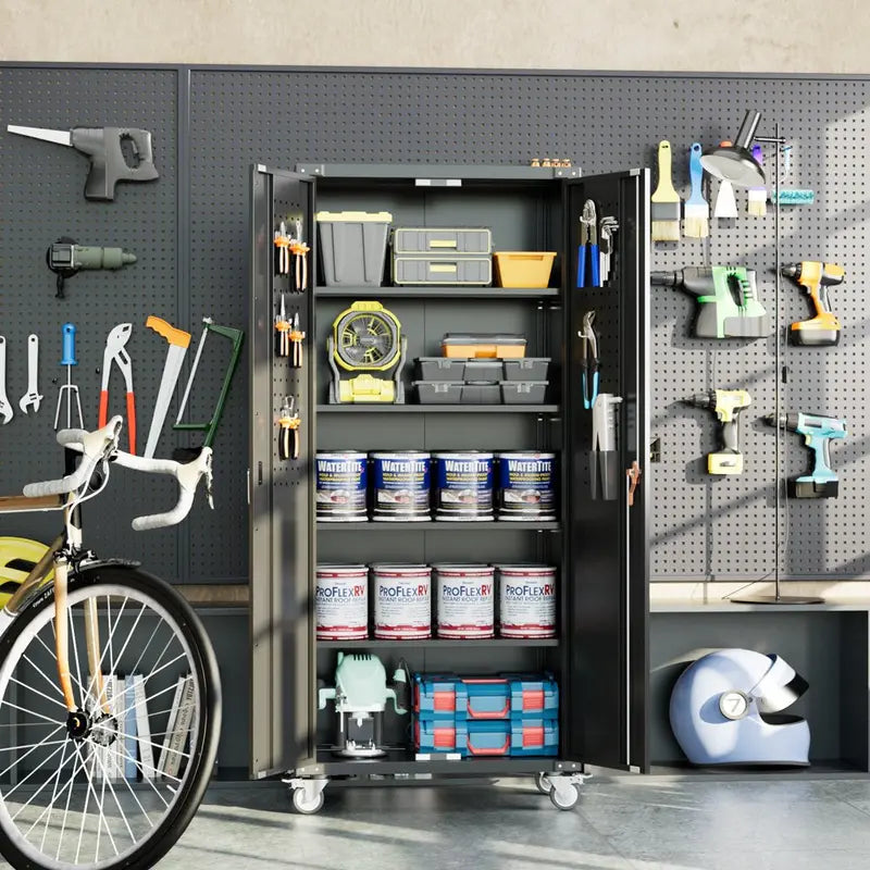 GangMei Rolling Garage Storage Cabinet  72-Inch Black Metal Tool Organizer with Pegboard & Locking Doors