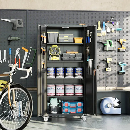GangMei Rolling Garage Storage Cabinet  72-Inch Black Metal Tool Organizer with Pegboard & Locking Doors