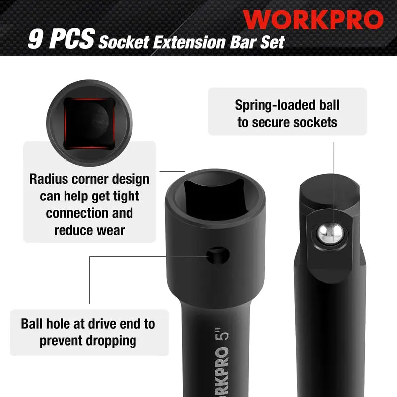 WORKPRO 9-Piece Impact Driver Extension Bar Kit  Durable Hex-Shank Extensions