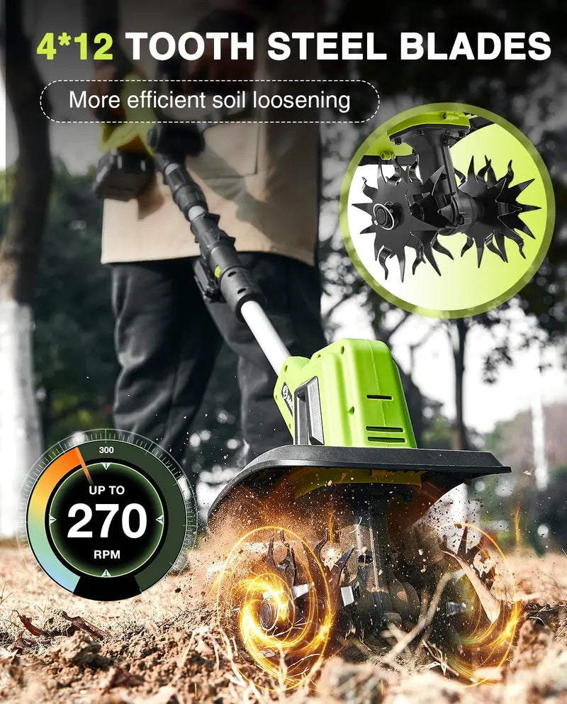Saker 22V Cordless Garden Tiller  Lightweight 9-Inch Width Rototiller with 6.3-Inch Depth, Dual Battery Kit for Efficient Cultivation
