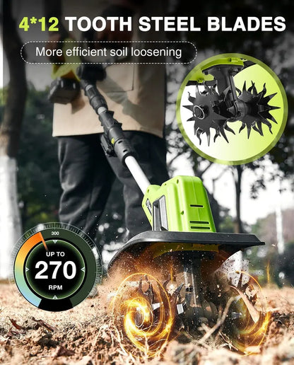 Saker 22V Cordless Garden Tiller  Lightweight 9-Inch Width Rototiller with 6.3-Inch Depth, Dual Battery Kit for Efficient Cultivation