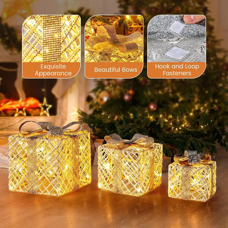 Set of Three Lighted Gift Box Ornaments ¡ª 90 LEDs Total, Festive Bow Accents for Indoor or Outdoor Use