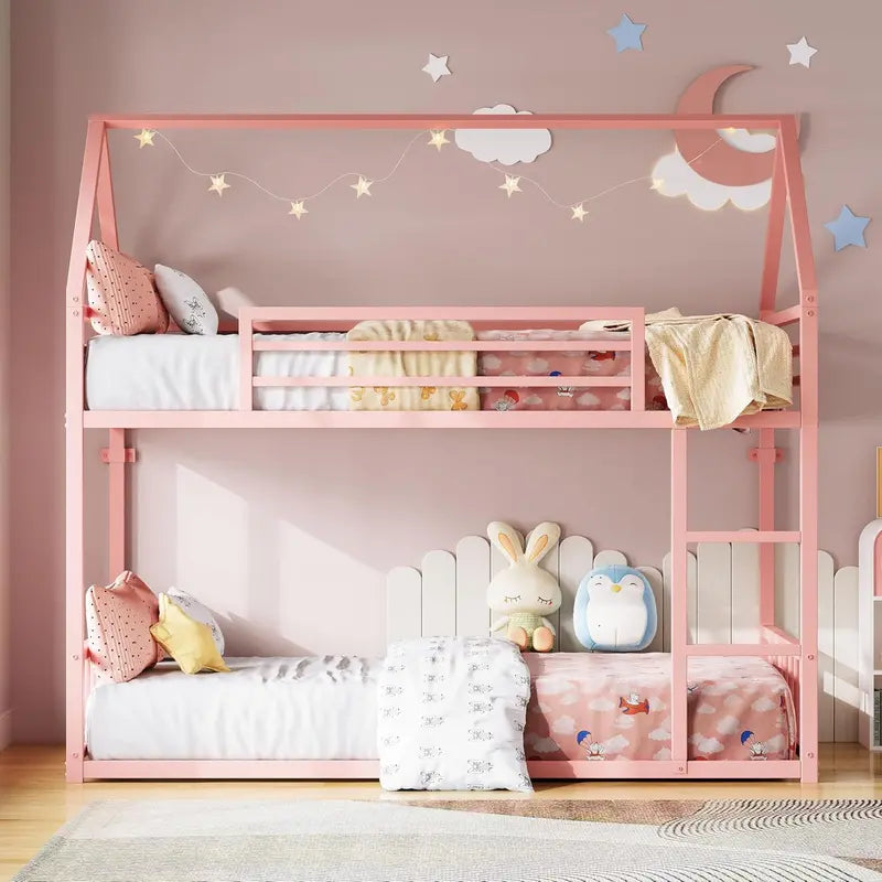 LIKIMIO House-Style Twin-over-Twin Bunk Bed with Decorative Guardrail and Reinforced Metal Slats