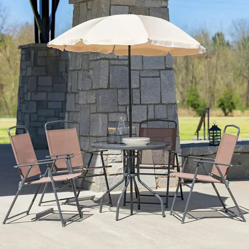EMMA + OLIVER 6-Piece Brown Patio Set — Umbrella Table and Four Foldable Chairs