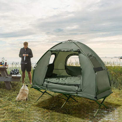 5-in-1 Camping Cot System  Folding Bed with Air Mattress, Pillow, and Sleeping Bag