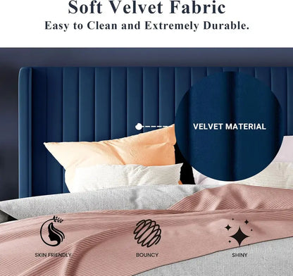 Allewie Full Size Velvet Wingback Bed  Channel-Tufted Upholstered Frame with Vertical Headboard